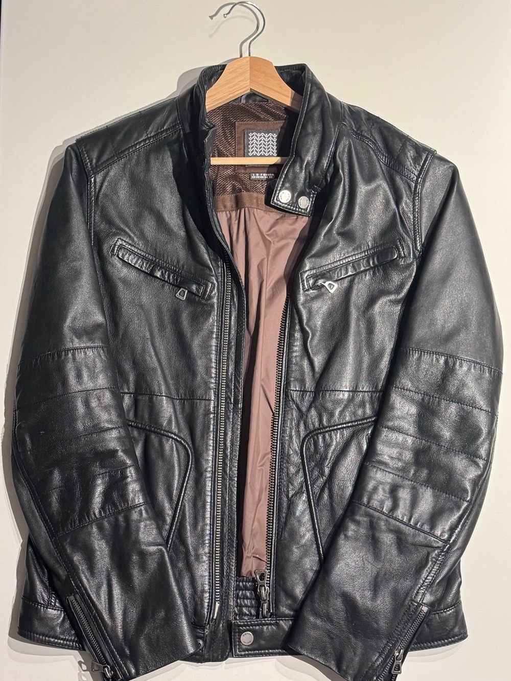 Geox Black Leather Bomber Jacket with Brown Lining